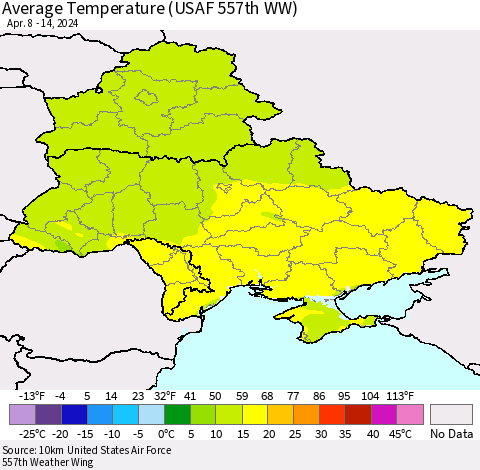 Ukraine, Moldova and Belarus Average Temperature (USAF 557th WW) Thematic Map For 4/8/2024 - 4/14/2024