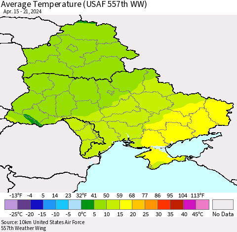 Ukraine, Moldova and Belarus Average Temperature (USAF 557th WW) Thematic Map For 4/15/2024 - 4/21/2024