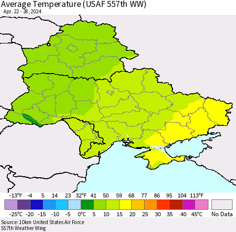 Ukraine, Moldova and Belarus Average Temperature (USAF 557th WW) Thematic Map For 4/22/2024 - 4/28/2024