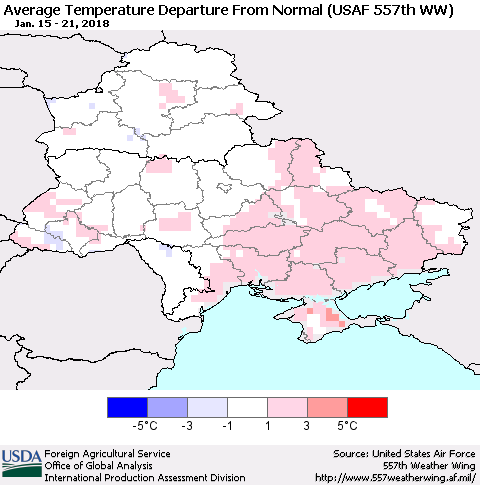 Ukraine, Moldova and Belarus Average Temperature Departure from Normal (USAF 557th WW) Thematic Map For 1/15/2018 - 1/21/2018