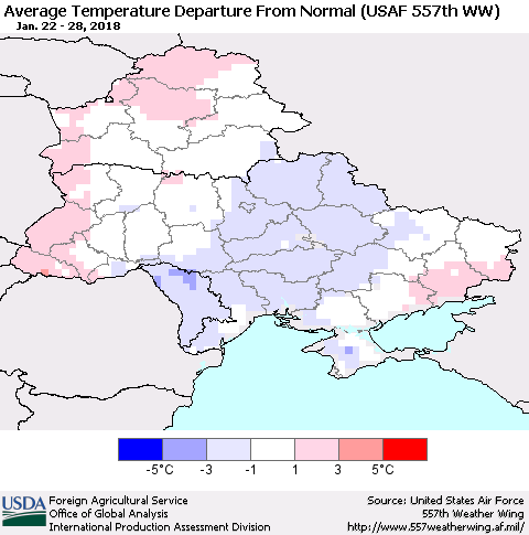 Ukraine, Moldova and Belarus Average Temperature Departure from Normal (USAF 557th WW) Thematic Map For 1/22/2018 - 1/28/2018