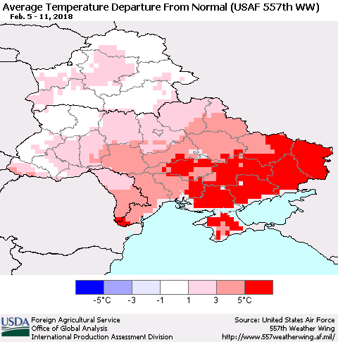 Ukraine, Moldova and Belarus Average Temperature Departure from Normal (USAF 557th WW) Thematic Map For 2/5/2018 - 2/11/2018