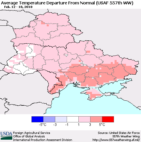 Ukraine, Moldova and Belarus Average Temperature Departure from Normal (USAF 557th WW) Thematic Map For 2/12/2018 - 2/18/2018