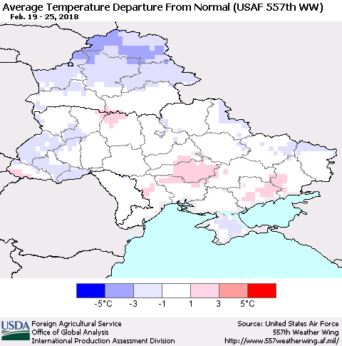 Ukraine, Moldova and Belarus Average Temperature Departure from Normal (USAF 557th WW) Thematic Map For 2/19/2018 - 2/25/2018