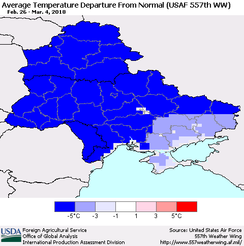 Ukraine, Moldova and Belarus Average Temperature Departure from Normal (USAF 557th WW) Thematic Map For 2/26/2018 - 3/4/2018