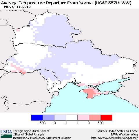 Ukraine, Moldova and Belarus Average Temperature Departure from Normal (USAF 557th WW) Thematic Map For 3/5/2018 - 3/11/2018