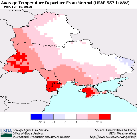 Ukraine, Moldova and Belarus Average Temperature Departure from Normal (USAF 557th WW) Thematic Map For 3/12/2018 - 3/18/2018