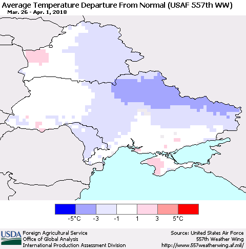 Ukraine, Moldova and Belarus Average Temperature Departure from Normal (USAF 557th WW) Thematic Map For 3/26/2018 - 4/1/2018