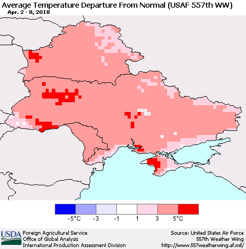 Ukraine, Moldova and Belarus Average Temperature Departure from Normal (USAF 557th WW) Thematic Map For 4/2/2018 - 4/8/2018