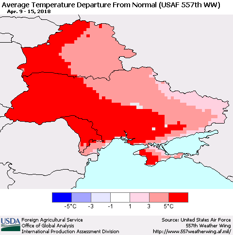 Ukraine, Moldova and Belarus Average Temperature Departure from Normal (USAF 557th WW) Thematic Map For 4/9/2018 - 4/15/2018