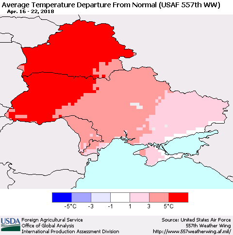 Ukraine, Moldova and Belarus Average Temperature Departure from Normal (USAF 557th WW) Thematic Map For 4/16/2018 - 4/22/2018