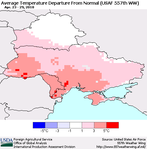 Ukraine, Moldova and Belarus Average Temperature Departure from Normal (USAF 557th WW) Thematic Map For 4/23/2018 - 4/29/2018