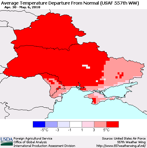 Ukraine, Moldova and Belarus Average Temperature Departure from Normal (USAF 557th WW) Thematic Map For 4/30/2018 - 5/6/2018