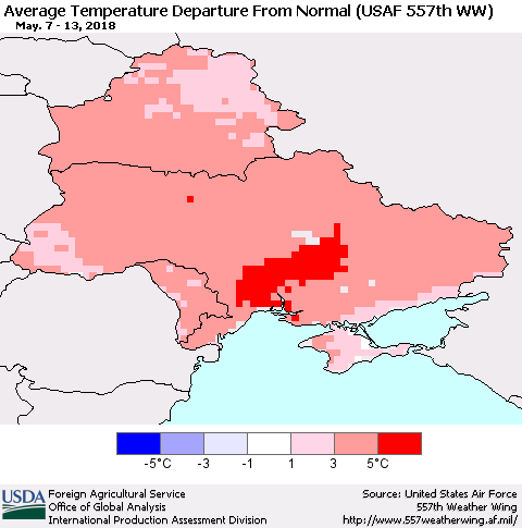 Ukraine, Moldova and Belarus Average Temperature Departure from Normal (USAF 557th WW) Thematic Map For 5/7/2018 - 5/13/2018
