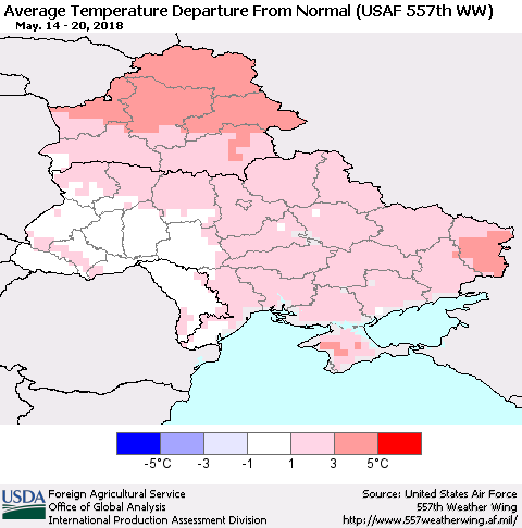 Ukraine, Moldova and Belarus Average Temperature Departure from Normal (USAF 557th WW) Thematic Map For 5/14/2018 - 5/20/2018