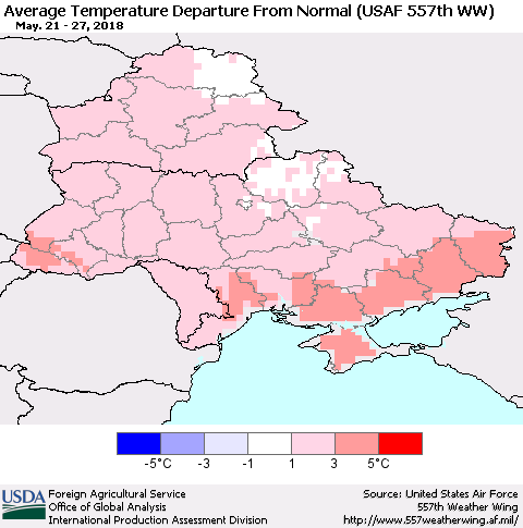 Ukraine, Moldova and Belarus Average Temperature Departure from Normal (USAF 557th WW) Thematic Map For 5/21/2018 - 5/27/2018