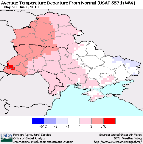 Ukraine, Moldova and Belarus Average Temperature Departure from Normal (USAF 557th WW) Thematic Map For 5/28/2018 - 6/3/2018