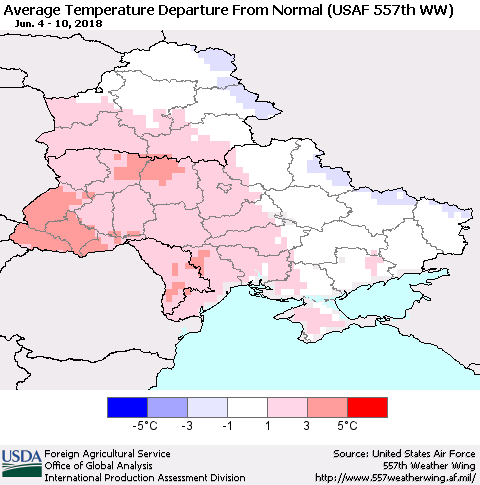 Ukraine, Moldova and Belarus Average Temperature Departure from Normal (USAF 557th WW) Thematic Map For 6/4/2018 - 6/10/2018