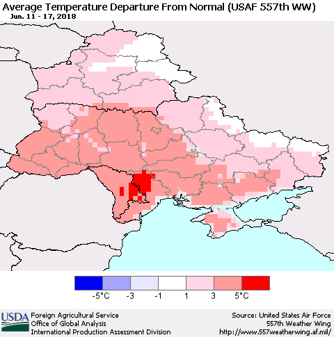 Ukraine, Moldova and Belarus Average Temperature Departure from Normal (USAF 557th WW) Thematic Map For 6/11/2018 - 6/17/2018