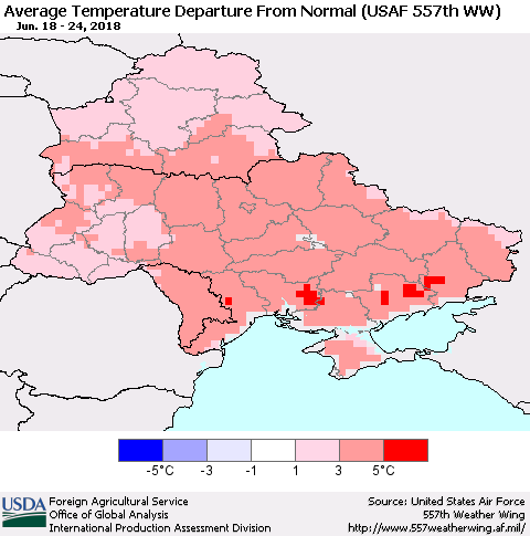 Ukraine, Moldova and Belarus Average Temperature Departure from Normal (USAF 557th WW) Thematic Map For 6/18/2018 - 6/24/2018