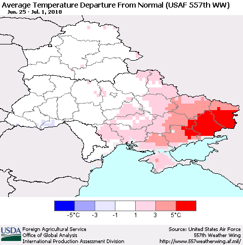 Ukraine, Moldova and Belarus Average Temperature Departure from Normal (USAF 557th WW) Thematic Map For 6/25/2018 - 7/1/2018