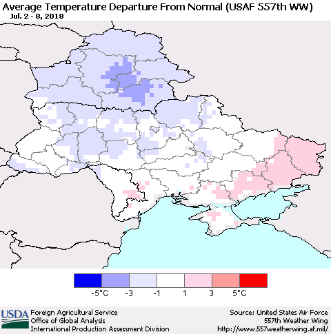 Ukraine, Moldova and Belarus Average Temperature Departure from Normal (USAF 557th WW) Thematic Map For 7/2/2018 - 7/8/2018