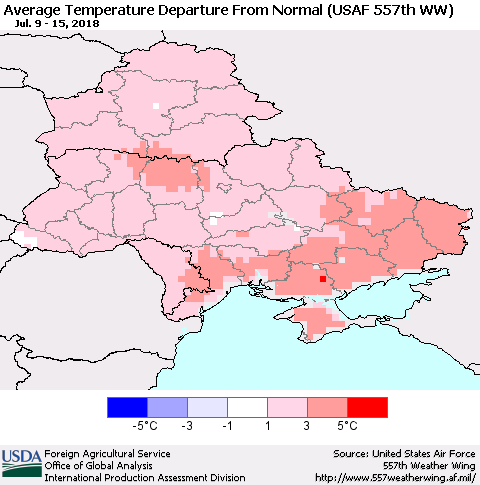 Ukraine, Moldova and Belarus Average Temperature Departure from Normal (USAF 557th WW) Thematic Map For 7/9/2018 - 7/15/2018
