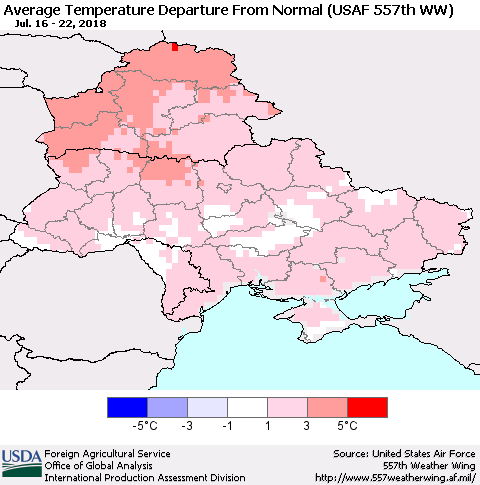Ukraine, Moldova and Belarus Average Temperature Departure from Normal (USAF 557th WW) Thematic Map For 7/16/2018 - 7/22/2018
