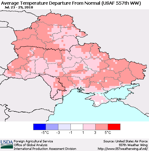 Ukraine, Moldova and Belarus Average Temperature Departure from Normal (USAF 557th WW) Thematic Map For 7/23/2018 - 7/29/2018