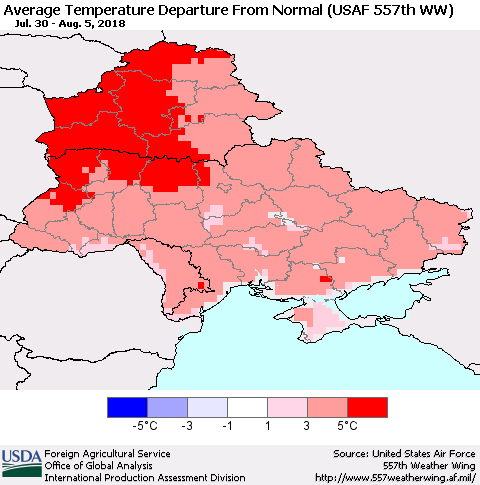 Ukraine, Moldova and Belarus Average Temperature Departure from Normal (USAF 557th WW) Thematic Map For 7/30/2018 - 8/5/2018