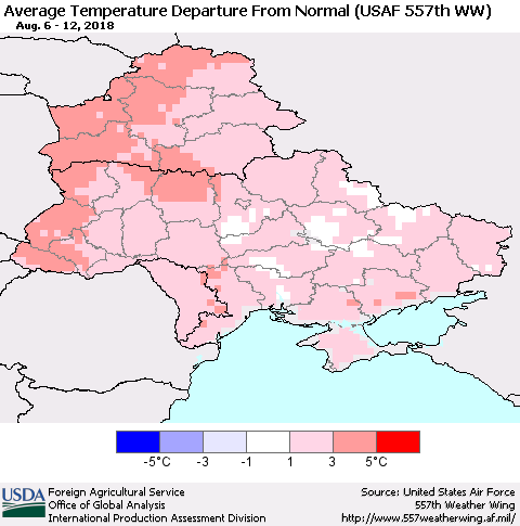 Ukraine, Moldova and Belarus Average Temperature Departure from Normal (USAF 557th WW) Thematic Map For 8/6/2018 - 8/12/2018