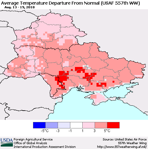Ukraine, Moldova and Belarus Average Temperature Departure from Normal (USAF 557th WW) Thematic Map For 8/13/2018 - 8/19/2018