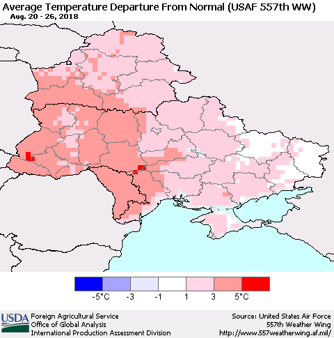 Ukraine, Moldova and Belarus Average Temperature Departure from Normal (USAF 557th WW) Thematic Map For 8/20/2018 - 8/26/2018
