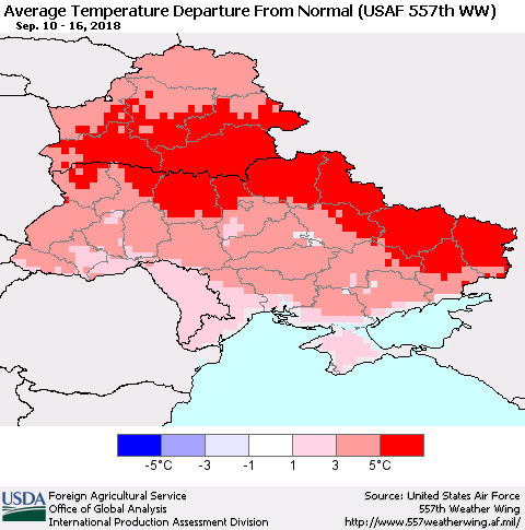 Ukraine, Moldova and Belarus Average Temperature Departure From Normal (USAF 557th WW) Thematic Map For 9/10/2018 - 9/16/2018