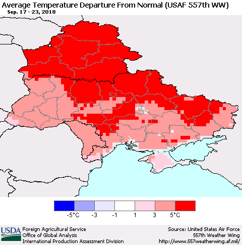 Ukraine, Moldova and Belarus Average Temperature Departure From Normal (USAF 557th WW) Thematic Map For 9/17/2018 - 9/23/2018