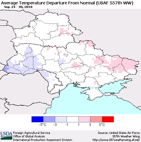 Ukraine, Moldova and Belarus Average Temperature Departure From Normal (USAF 557th WW) Thematic Map For 9/24/2018 - 9/30/2018