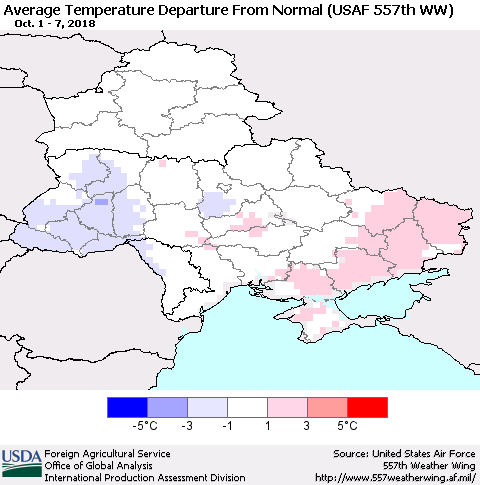 Ukraine, Moldova and Belarus Average Temperature Departure From Normal (USAF 557th WW) Thematic Map For 10/1/2018 - 10/7/2018