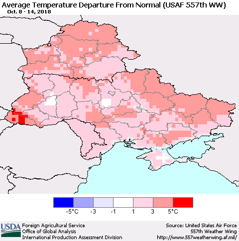 Ukraine, Moldova and Belarus Average Temperature Departure From Normal (USAF 557th WW) Thematic Map For 10/8/2018 - 10/14/2018