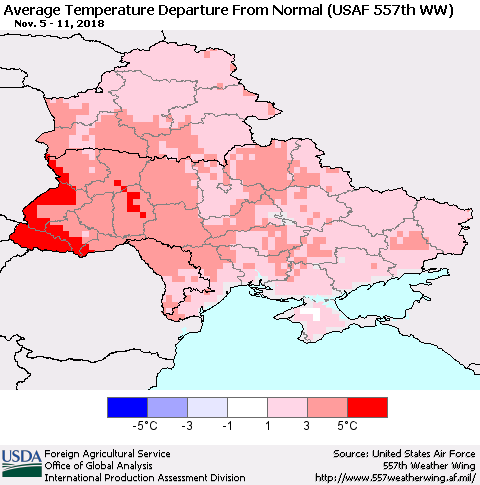 Ukraine, Moldova and Belarus Average Temperature Departure From Normal (USAF 557th WW) Thematic Map For 11/5/2018 - 11/11/2018