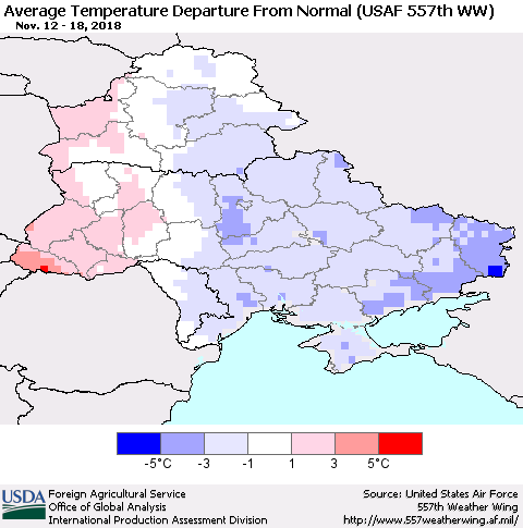 Ukraine, Moldova and Belarus Average Temperature Departure From Normal (USAF 557th WW) Thematic Map For 11/12/2018 - 11/18/2018
