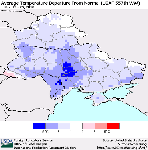 Ukraine, Moldova and Belarus Average Temperature Departure From Normal (USAF 557th WW) Thematic Map For 11/19/2018 - 11/25/2018