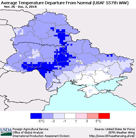 Ukraine, Moldova and Belarus Average Temperature Departure From Normal (USAF 557th WW) Thematic Map For 11/26/2018 - 12/2/2018