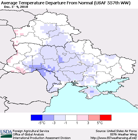 Ukraine, Moldova and Belarus Average Temperature Departure From Normal (USAF 557th WW) Thematic Map For 12/3/2018 - 12/9/2018