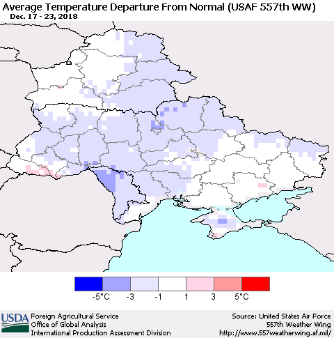 Ukraine, Moldova and Belarus Average Temperature Departure From Normal (USAF 557th WW) Thematic Map For 12/17/2018 - 12/23/2018