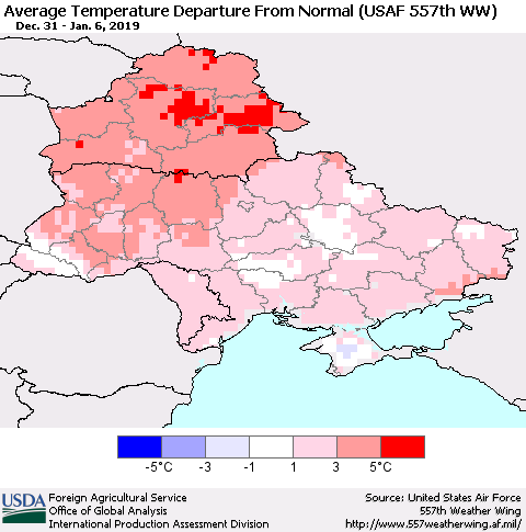 Ukraine, Moldova and Belarus Average Temperature Departure From Normal (USAF 557th WW) Thematic Map For 12/31/2018 - 1/6/2019