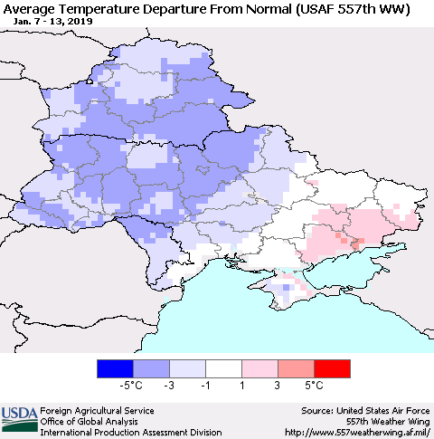 Ukraine, Moldova and Belarus Average Temperature Departure From Normal (USAF 557th WW) Thematic Map For 1/7/2019 - 1/13/2019