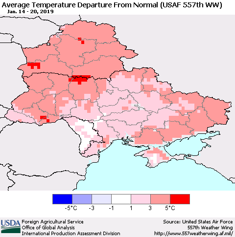 Ukraine, Moldova and Belarus Average Temperature Departure From Normal (USAF 557th WW) Thematic Map For 1/14/2019 - 1/20/2019