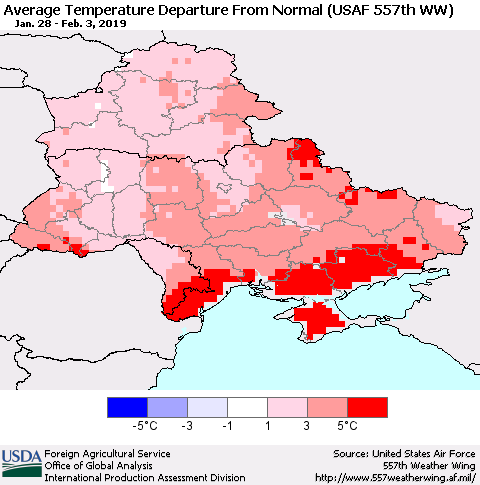 Ukraine, Moldova and Belarus Average Temperature Departure From Normal (USAF 557th WW) Thematic Map For 1/28/2019 - 2/3/2019