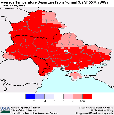 Ukraine, Moldova and Belarus Average Temperature Departure From Normal (USAF 557th WW) Thematic Map For 3/4/2019 - 3/10/2019