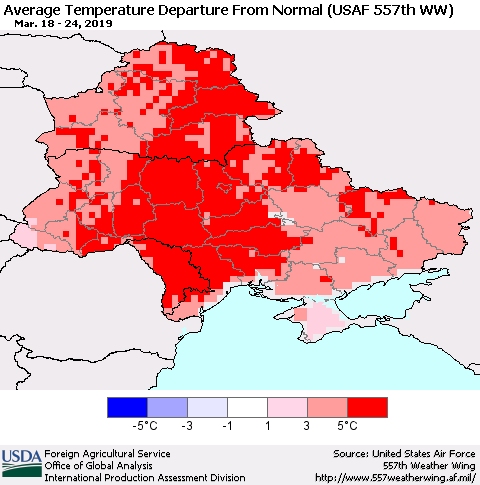 Ukraine, Moldova and Belarus Average Temperature Departure From Normal (USAF 557th WW) Thematic Map For 3/18/2019 - 3/24/2019